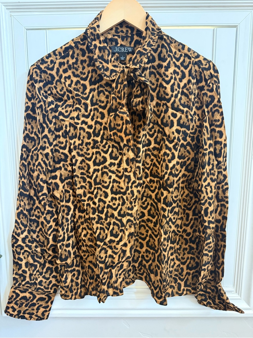 J. Crew Leopard Print Tie-Neck Blouse - Tan/Black - Size Large